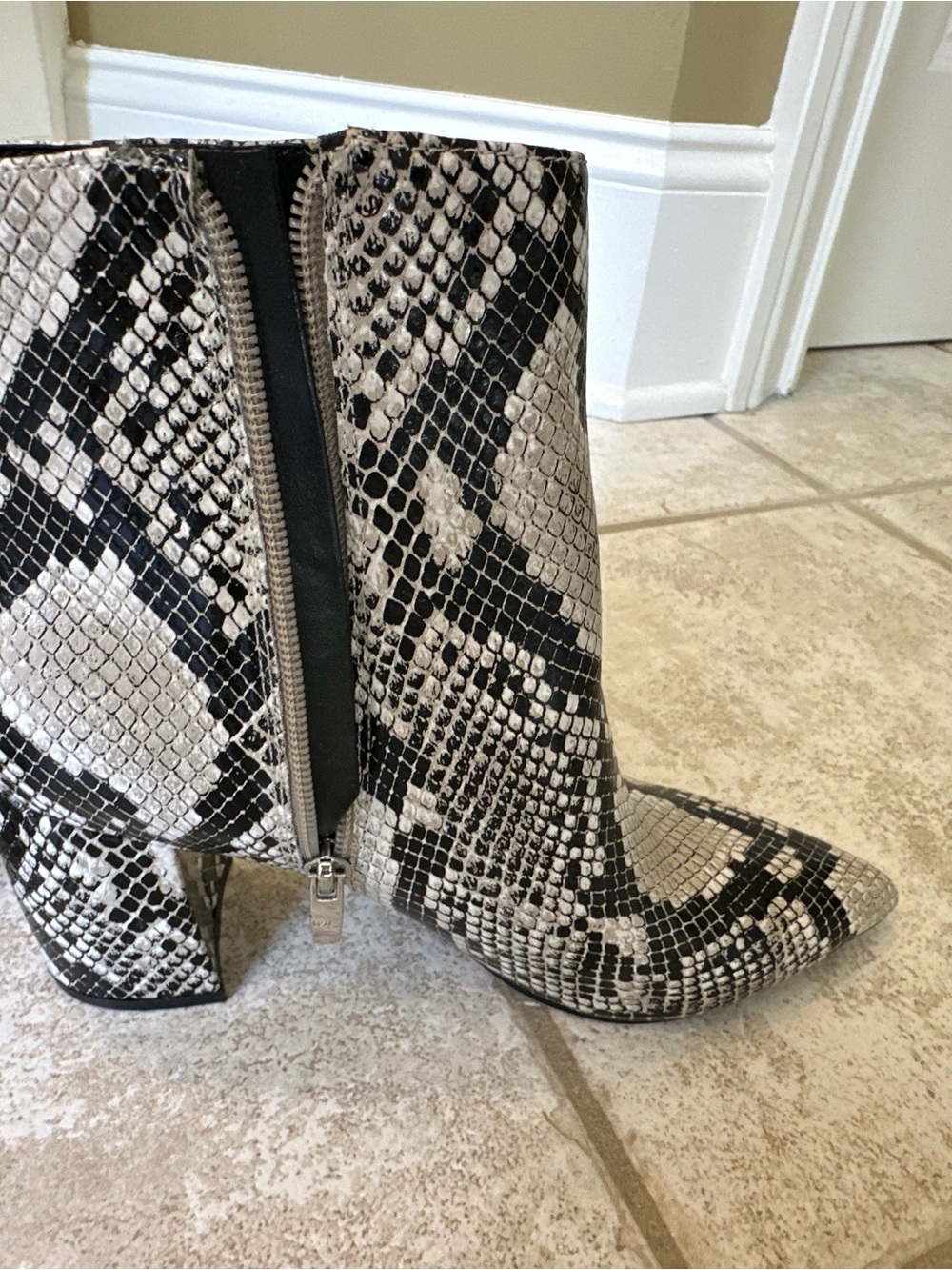 Marc Fisher Snake-Print Pointed Toe Ankle Booties in Black and Cream
